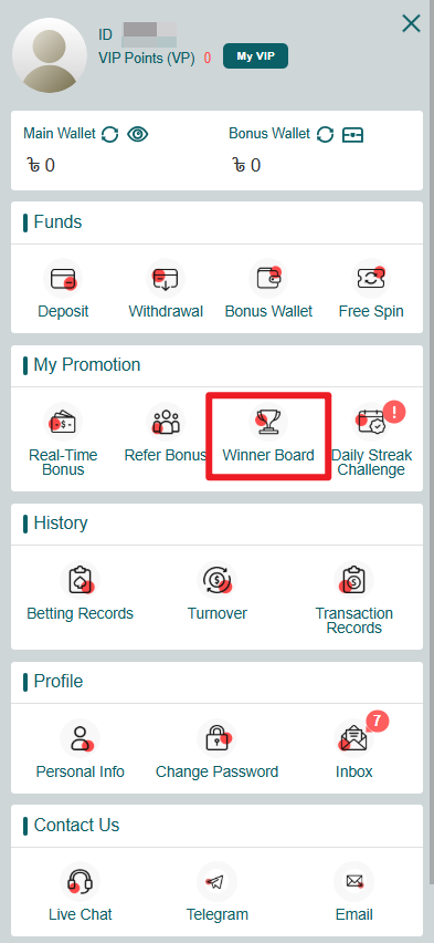 My Account and Winner Board screen